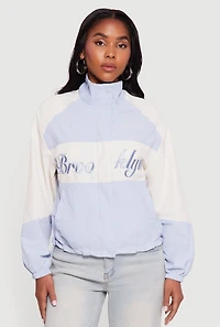 Womens Color Blocked The Big Apple Graphic Windbreaker Jacket, Blue,