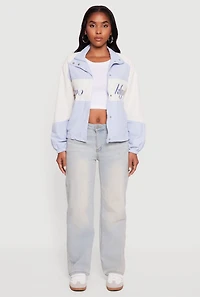 Womens Color Blocked The Big Apple Graphic Windbreaker Jacket, Blue,