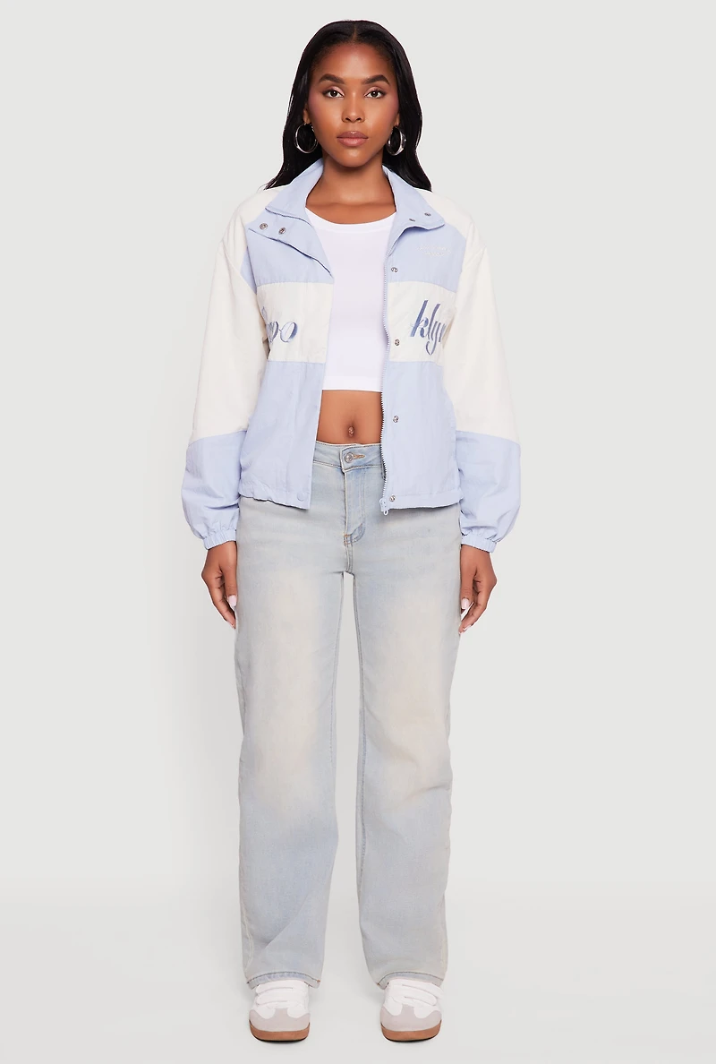 Womens Color Blocked The Big Apple Graphic Windbreaker Jacket, Blue,