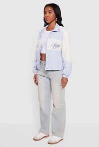 Womens Color Blocked The Big Apple Graphic Windbreaker Jacket, Blue,