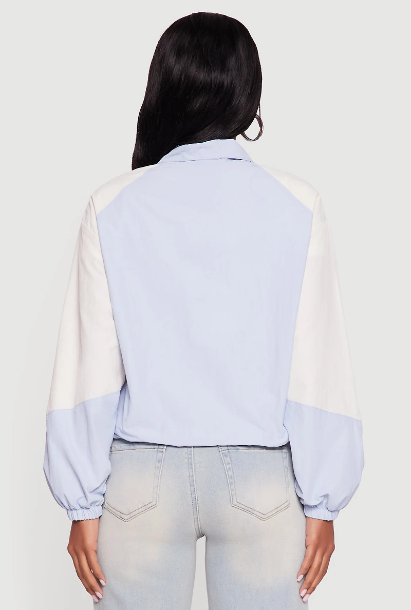 Womens Color Blocked The Big Apple Graphic Windbreaker Jacket, Blue,