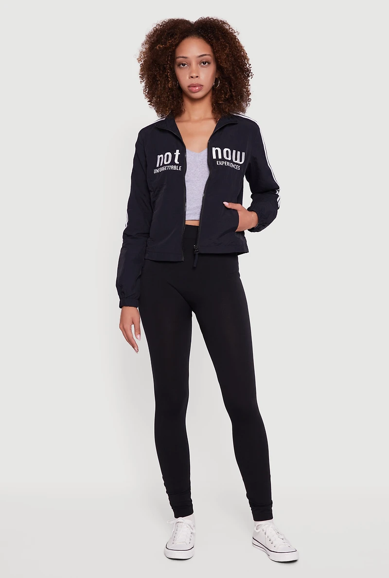 Womens Nylon Not Now Graphic Mock Neck Windbreaker,