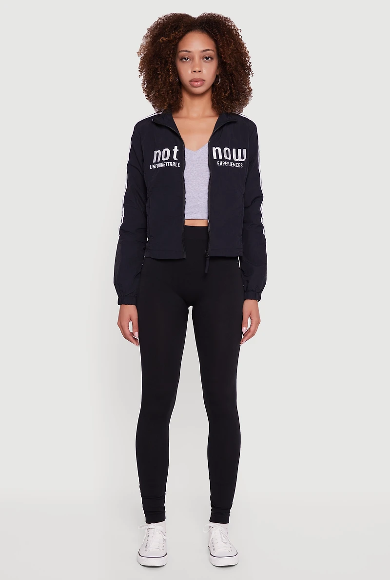 Womens Nylon Not Now Graphic Mock Neck Windbreaker,