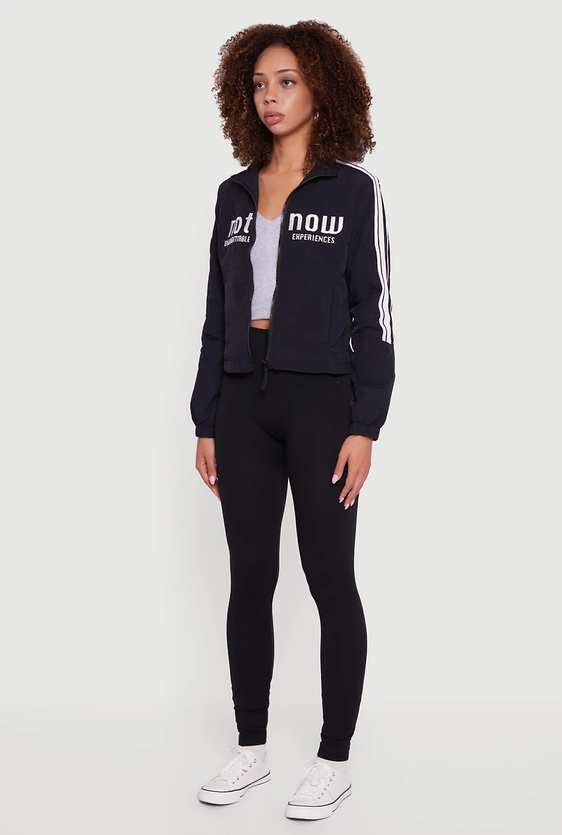 Womens Nylon Not Now Graphic Mock Neck Windbreaker,