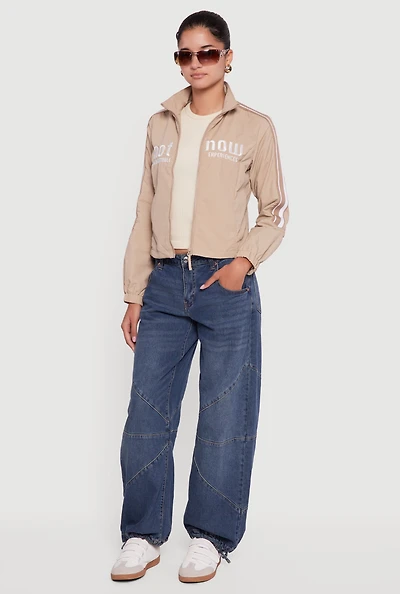 Womens Nylon Not Now Graphic Mock Neck Windbreaker,