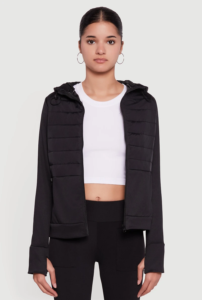 Womens Lightweight Hooded Zip Front Puffer Jacket, Black, Size S