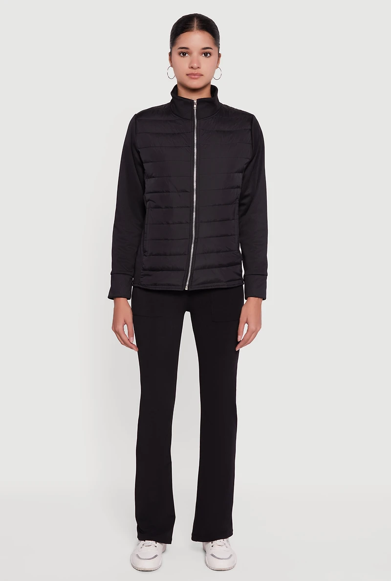 Fleece Lined Long Sleeve Hybrid Quilted Puffer Jacket