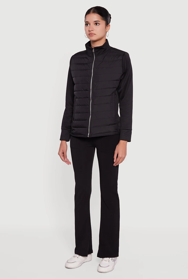 Fleece Lined Long Sleeve Hybrid Quilted Puffer Jacket