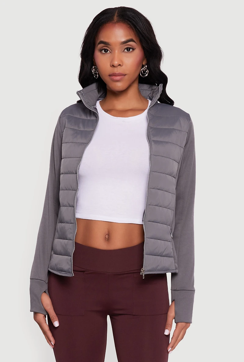 Lightweight Zip Front Puffer Jacket with Thumb Holes