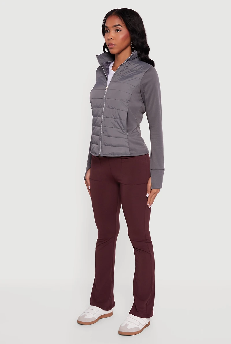 Womens Lightweight Zip Front Puffer Jacket with Thumb Holes, Grey, Size M