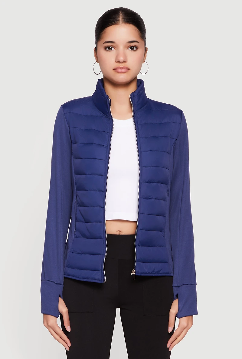 Womens Lightweight Zip Front Puffer Jacket with Thumb Holes,