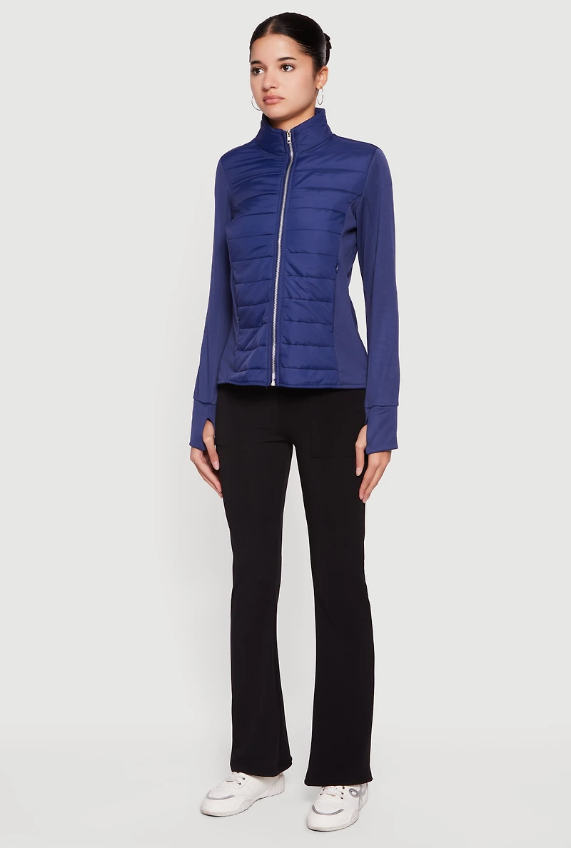 Womens Lightweight Zip Front Puffer Jacket with Thumb Holes,