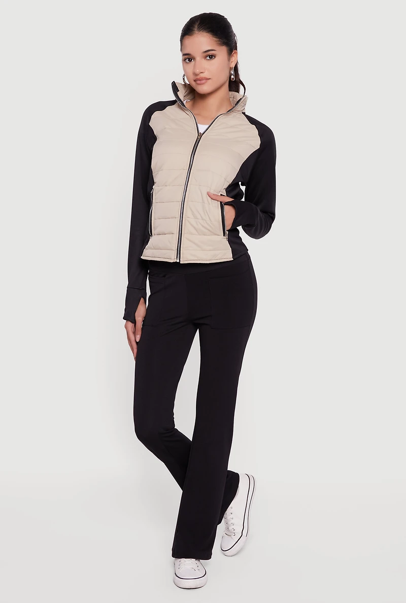 Womens Color Block Lightweight Puffer Jacket with Thumb Holes, Beige,