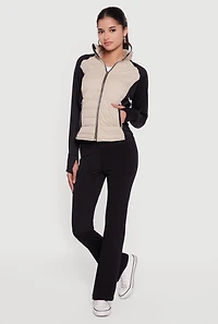 Womens Color Block Lightweight Puffer Jacket with Thumb Holes, Beige,