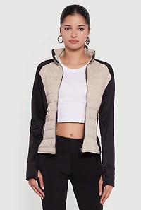 Womens Color Block Lightweight Puffer Jacket with Thumb Holes, Beige,