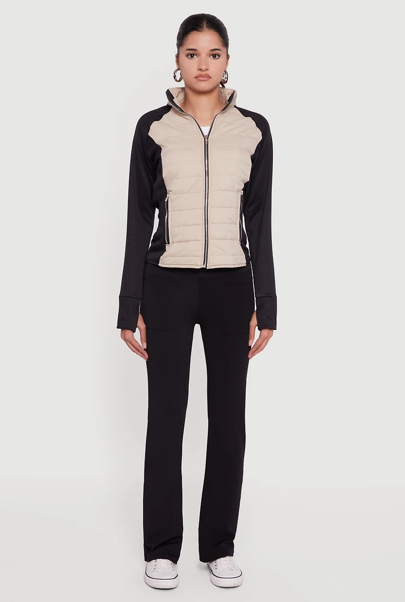 Womens Color Block Lightweight Puffer Jacket with Thumb Holes, Beige,