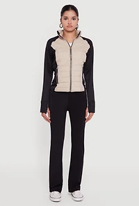 Womens Color Block Lightweight Puffer Jacket with Thumb Holes, Beige,