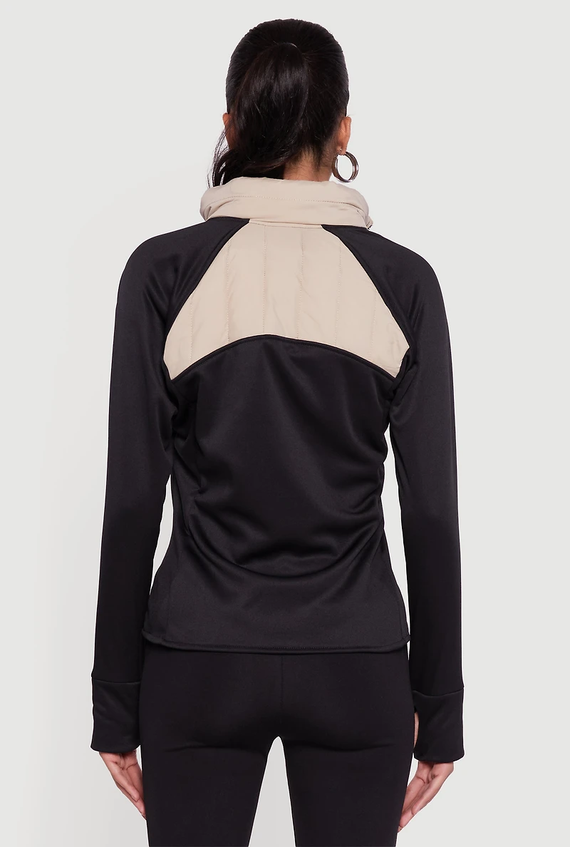 Womens Color Block Lightweight Puffer Jacket with Thumb Holes, Beige,