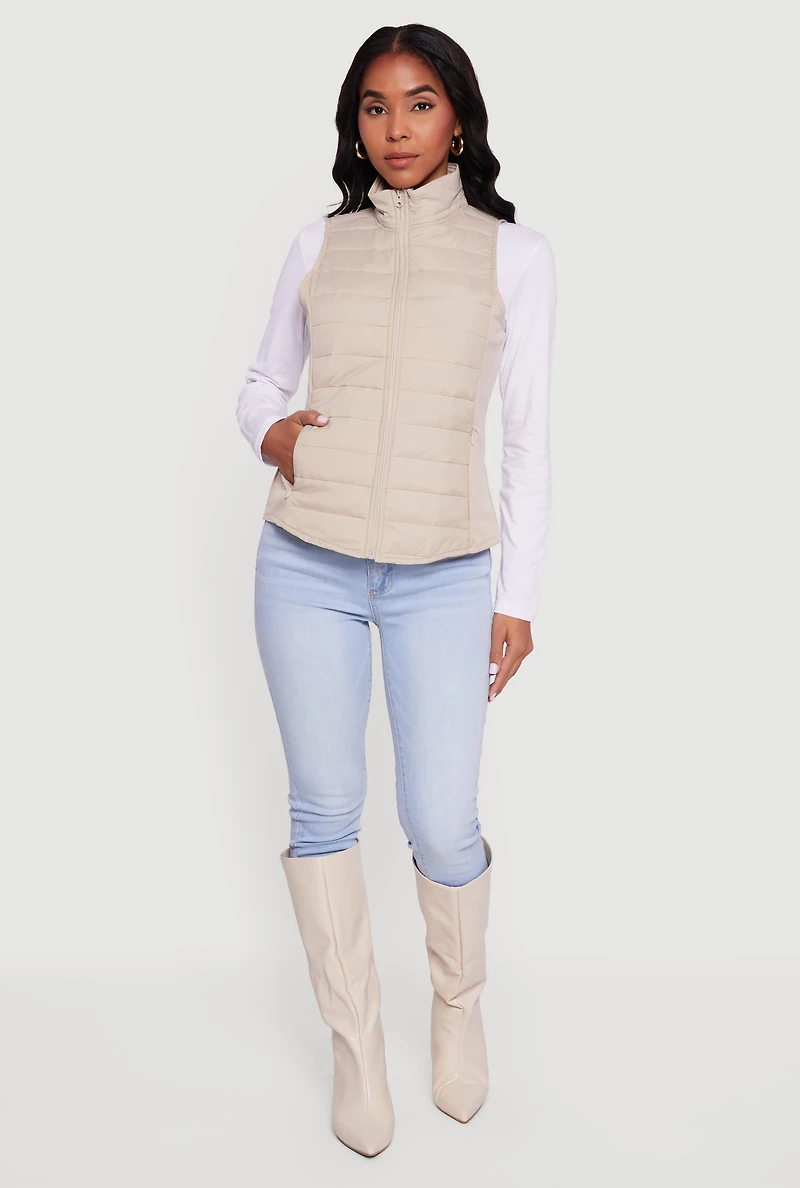 Womens Fleece Lined Side Detail Nylon Puffer Vest, Beige, Size L