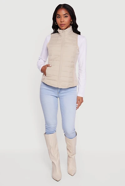 Womens Fleece Lined Side Detail Nylon Puffer Vest, Beige, Size L