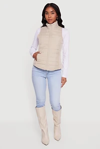 Womens Fleece Lined Side Detail Nylon Puffer Vest, Beige, Size L