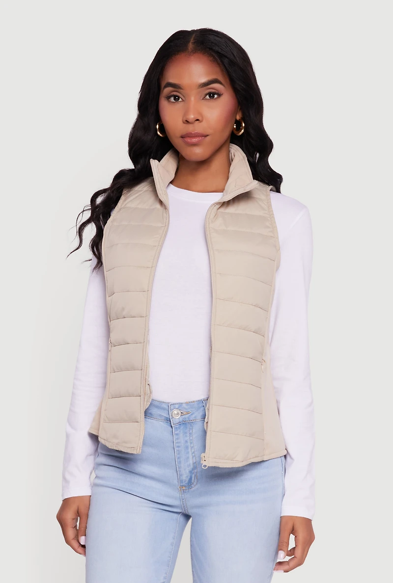 Womens Fleece Lined Side Detail Nylon Puffer Vest, Beige, Size L