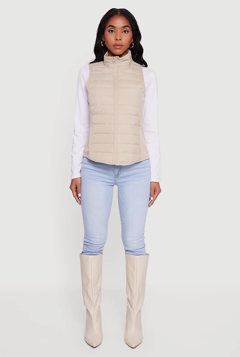 Womens Fleece Lined Side Detail Nylon Puffer Vest, Beige, Size L
