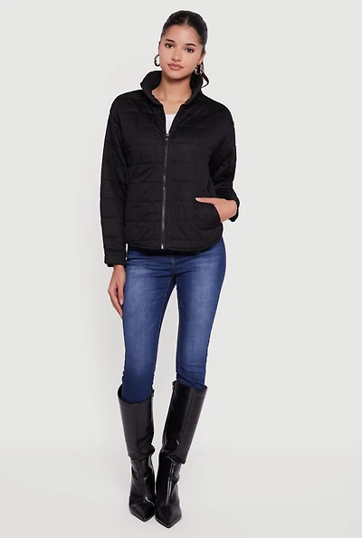 Mock Neck Zip Front Quilted Jacket