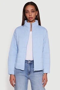 Womens Mock Neck Zip Front Quilted Jacket, Blue,