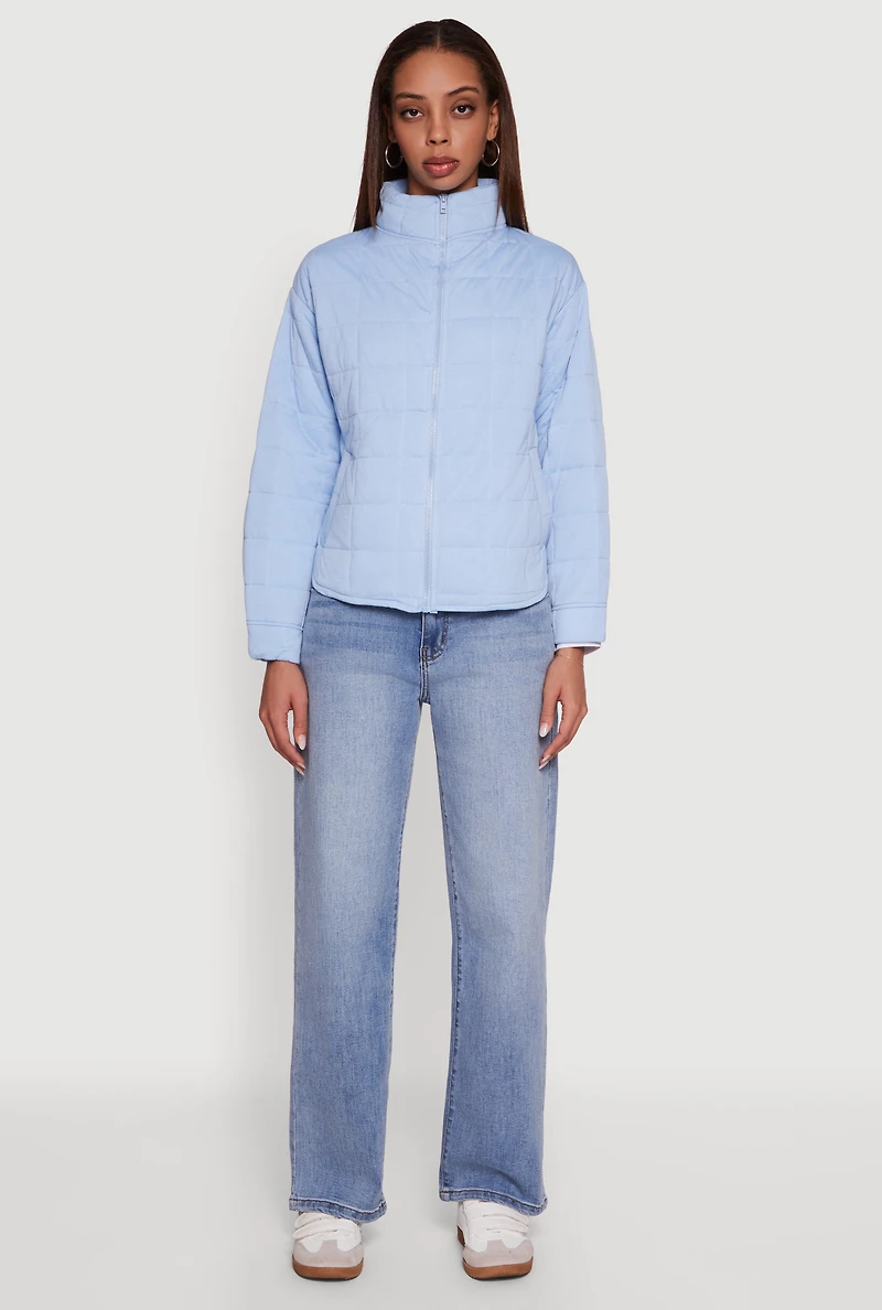 Womens Mock Neck Zip Front Quilted Jacket, Blue, Size M