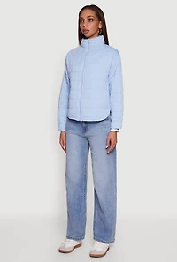 Womens Mock Neck Zip Front Quilted Jacket, Blue,