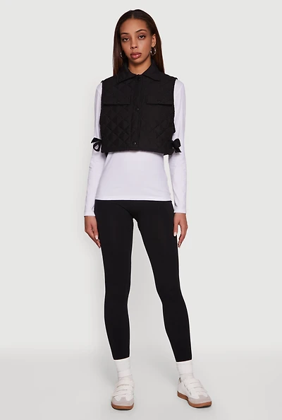 Womens Quilted Snap Button Cropped Vest with Side Ties,