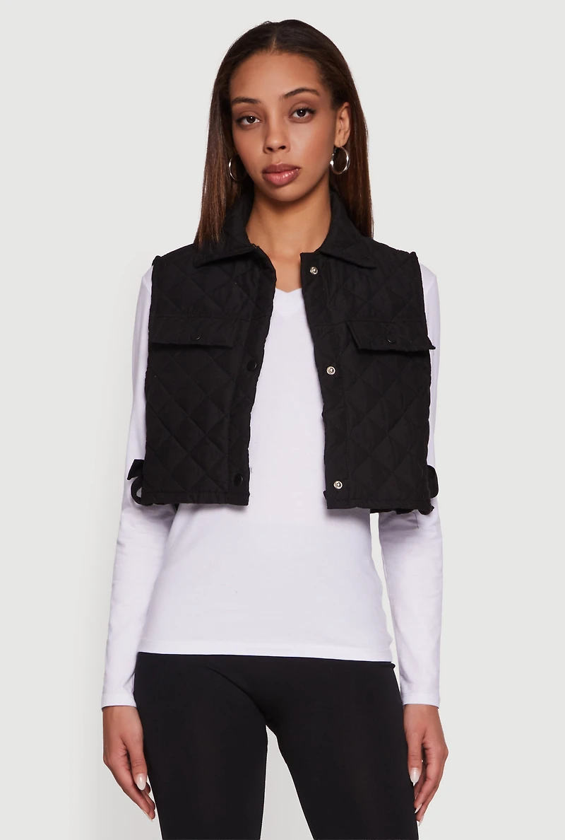 Quilted Snap Button Cropped Vest with Side Ties