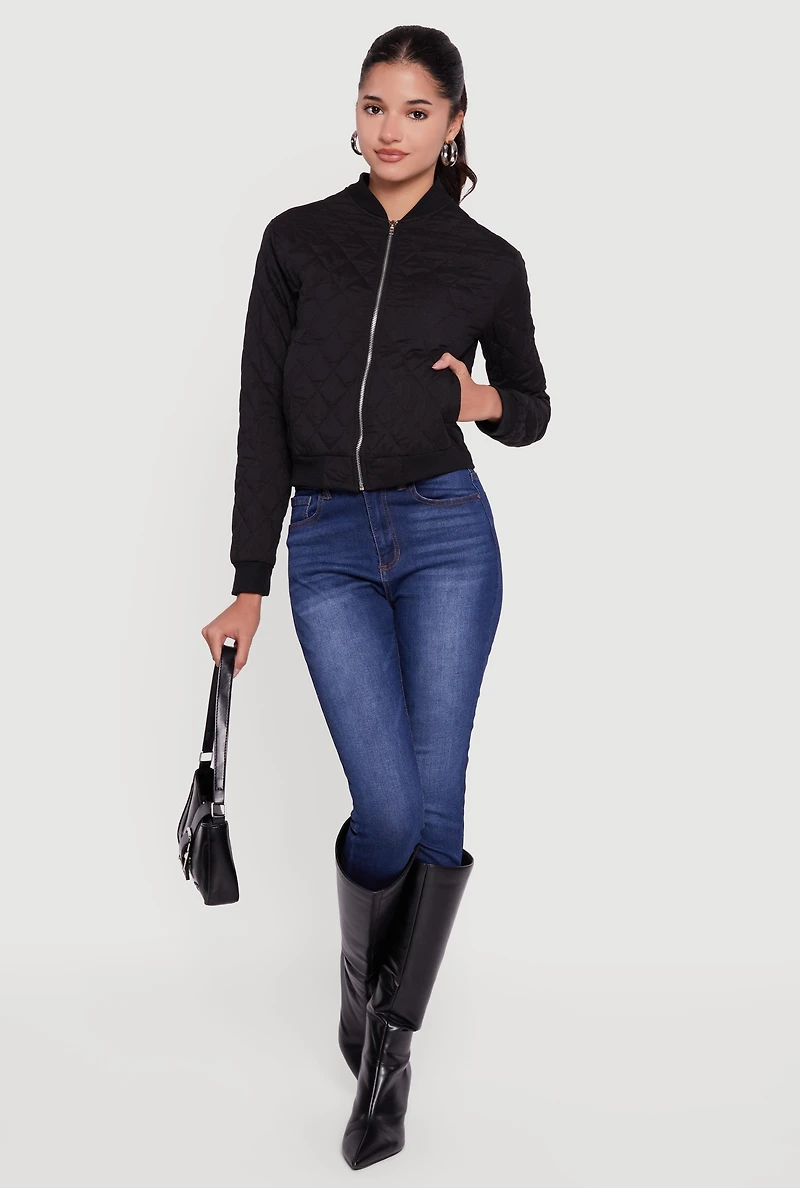 Womens Trendy Quilted Bomber Jacket, Black, Size L