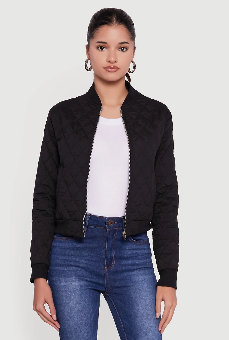 Womens Trendy Quilted Bomber Jacket, Black, Size L