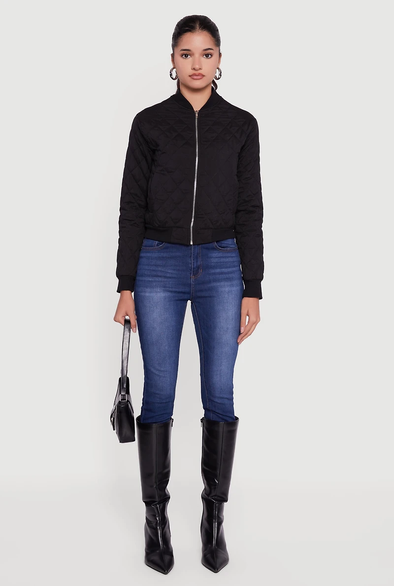 Womens Trendy Quilted Bomber Jacket, Black, Size L