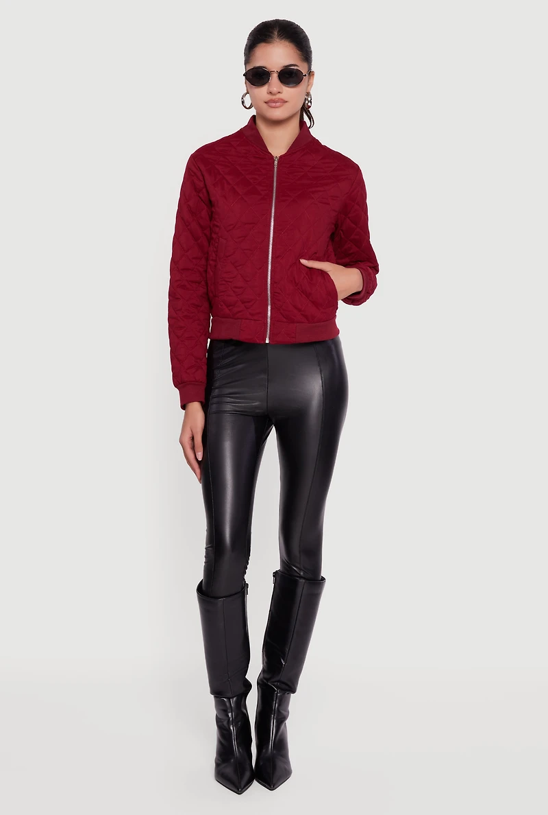 Womens Trendy Quilted Bomber Jacket, Burgundy, Size L