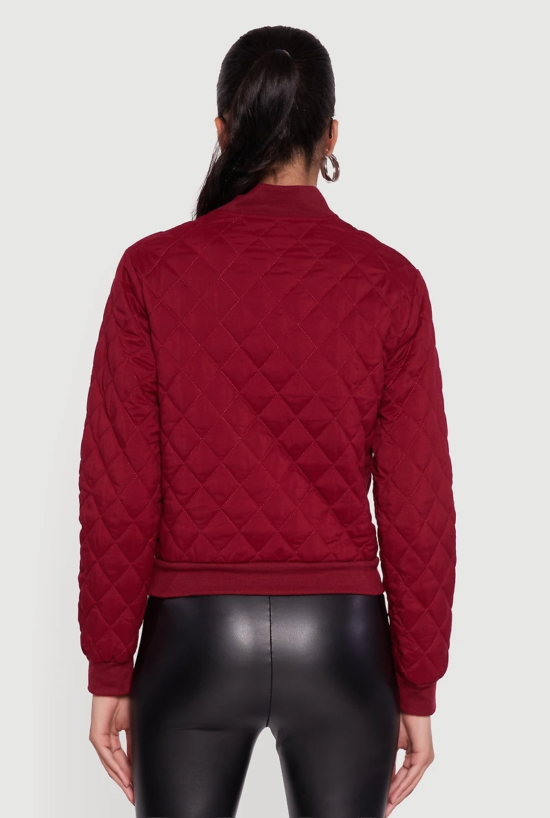 Womens Trendy Quilted Bomber Jacket, Burgundy, Size L