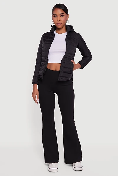 Womens Nylon Hooded Quilted Puffer Jacket with Zip Pockets,