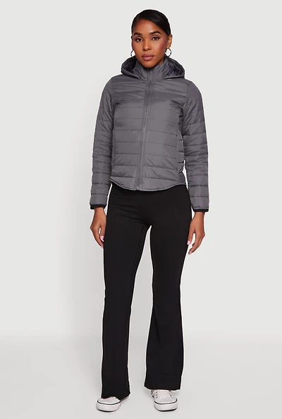Nylon Hooded Quilted Puffer Jacket with Zip Pockets