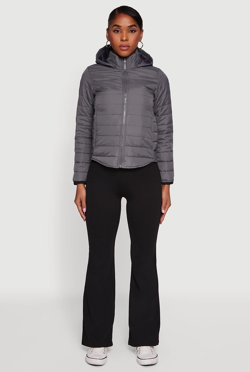 Nylon Hooded Quilted Puffer Jacket with Zip Pockets