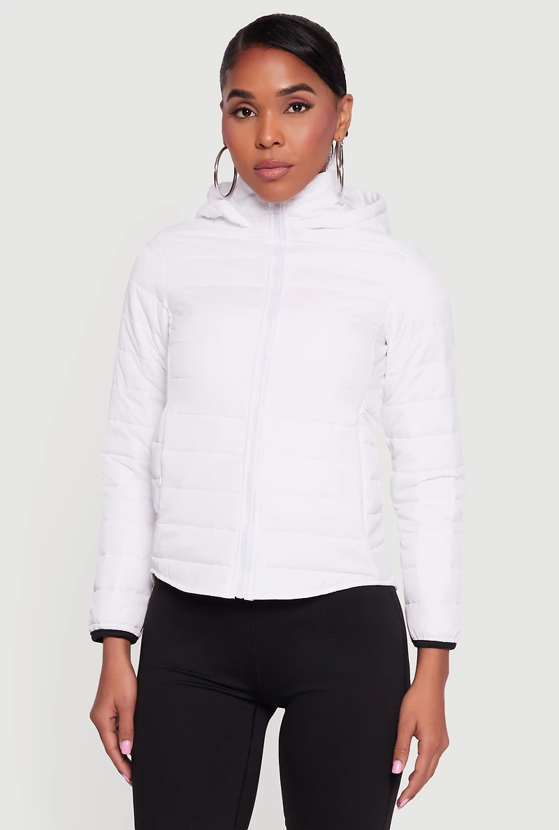 Nylon Hooded Quilted Puffer Jacket with Zip Pockets