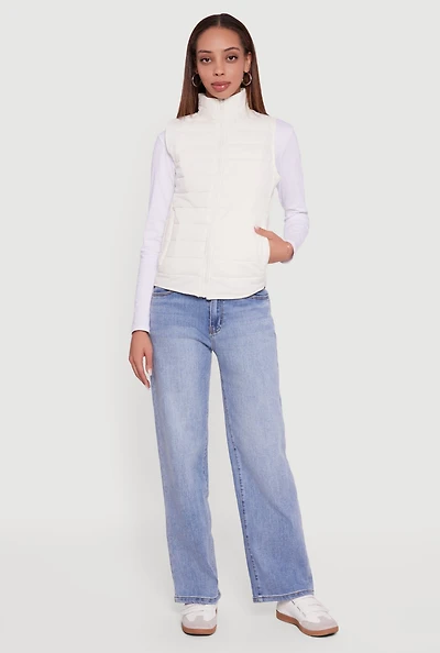 Womens Mock Neck Zip Front Puffer Vest, White, Size S