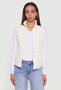 Womens Mock Neck Zip Front Puffer Vest, White, Size S