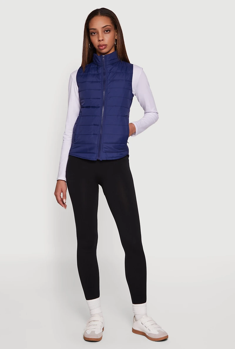 Womens Mock Neck Zip Front Puffer Vest,