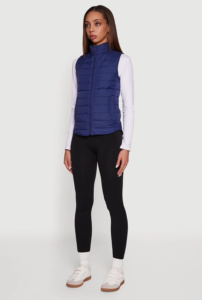 Womens Mock Neck Zip Front Puffer Vest,