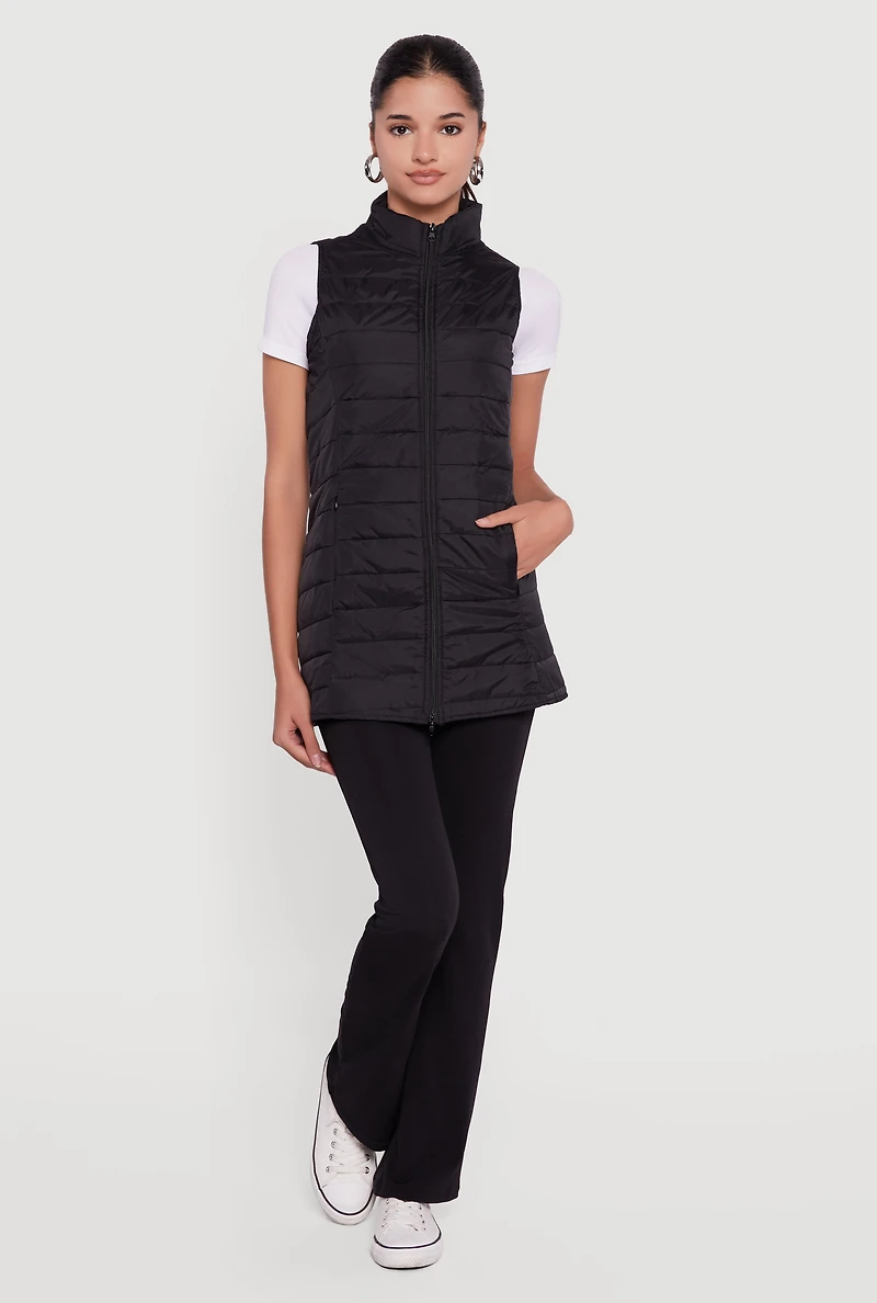 Womens Nylon Zip Front Mock Neck Puffer Vest,