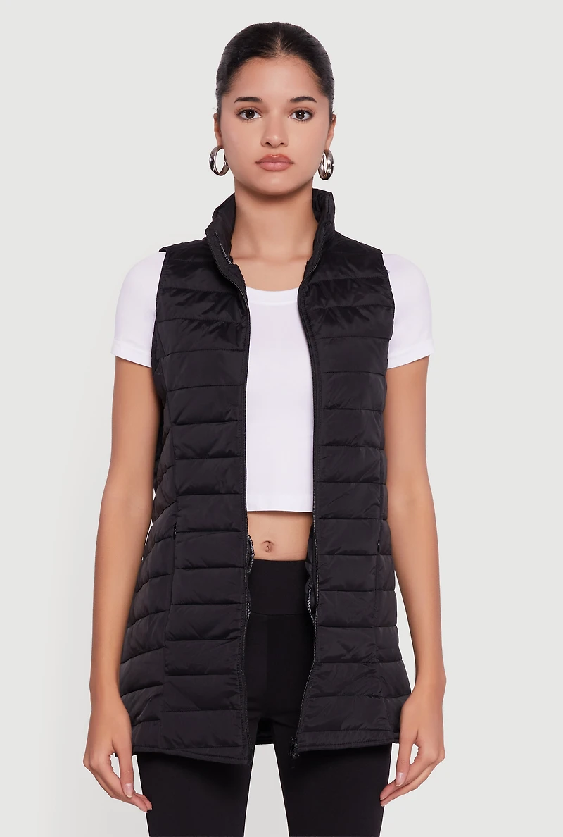 Womens Nylon Zip Front Mock Neck Puffer Vest,