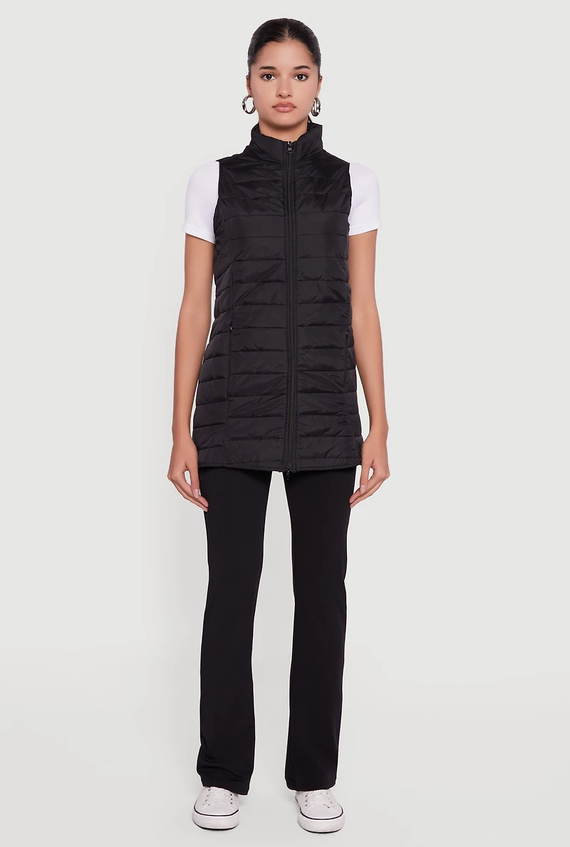 Womens Nylon Zip Front Mock Neck Puffer Vest,