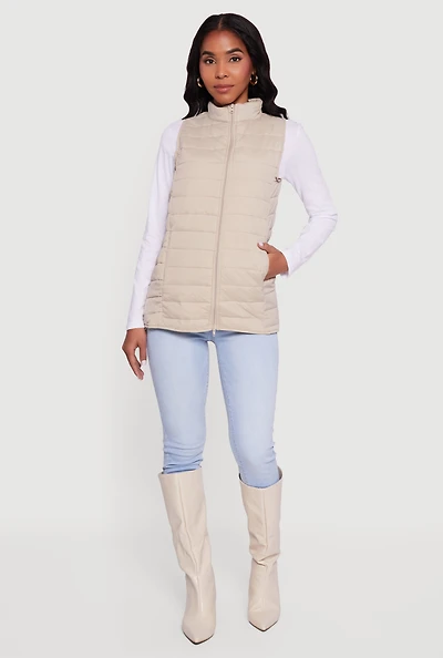 Womens Nylon Zip Front Mock Neck Puffer Vest,